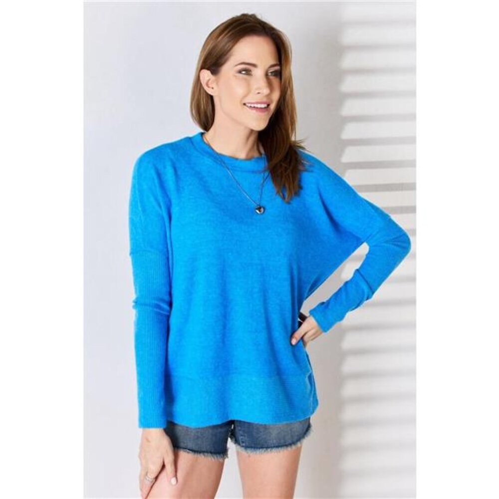 Zenana‎ Ribbed Trim Round Neck Long Sleeve Top